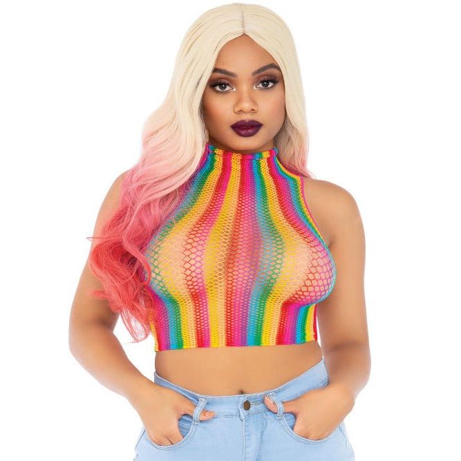 High Voltage Rainbow Fishnet Crop Top - worldclasscostumes