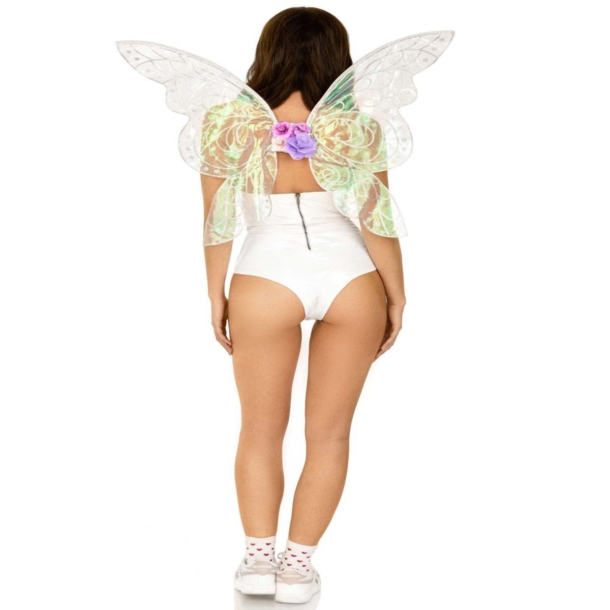 Back view of iridescent glitter fairy wings with a flower accent at the center.