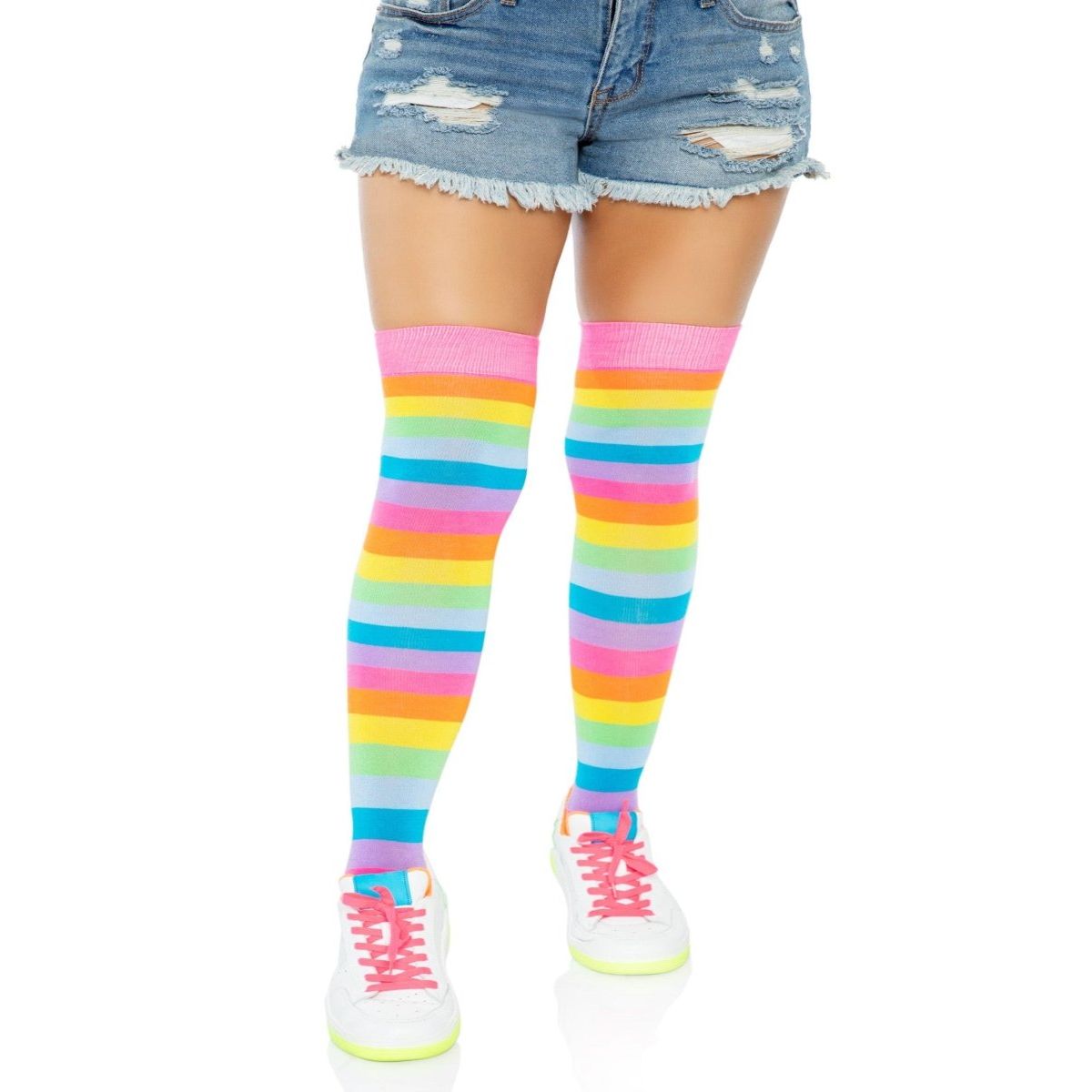 Leigh Rainbow Thigh High Stockings with neon rainbow stripes and pink top, styled with denim shorts.