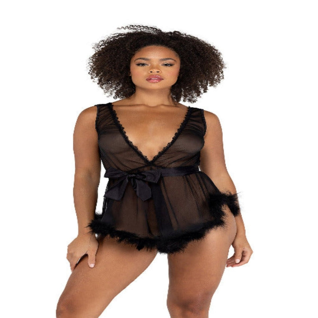 Low Cut Mesh Babydoll with Faux Fur Trim & Satin Tie - worldclasscostumes