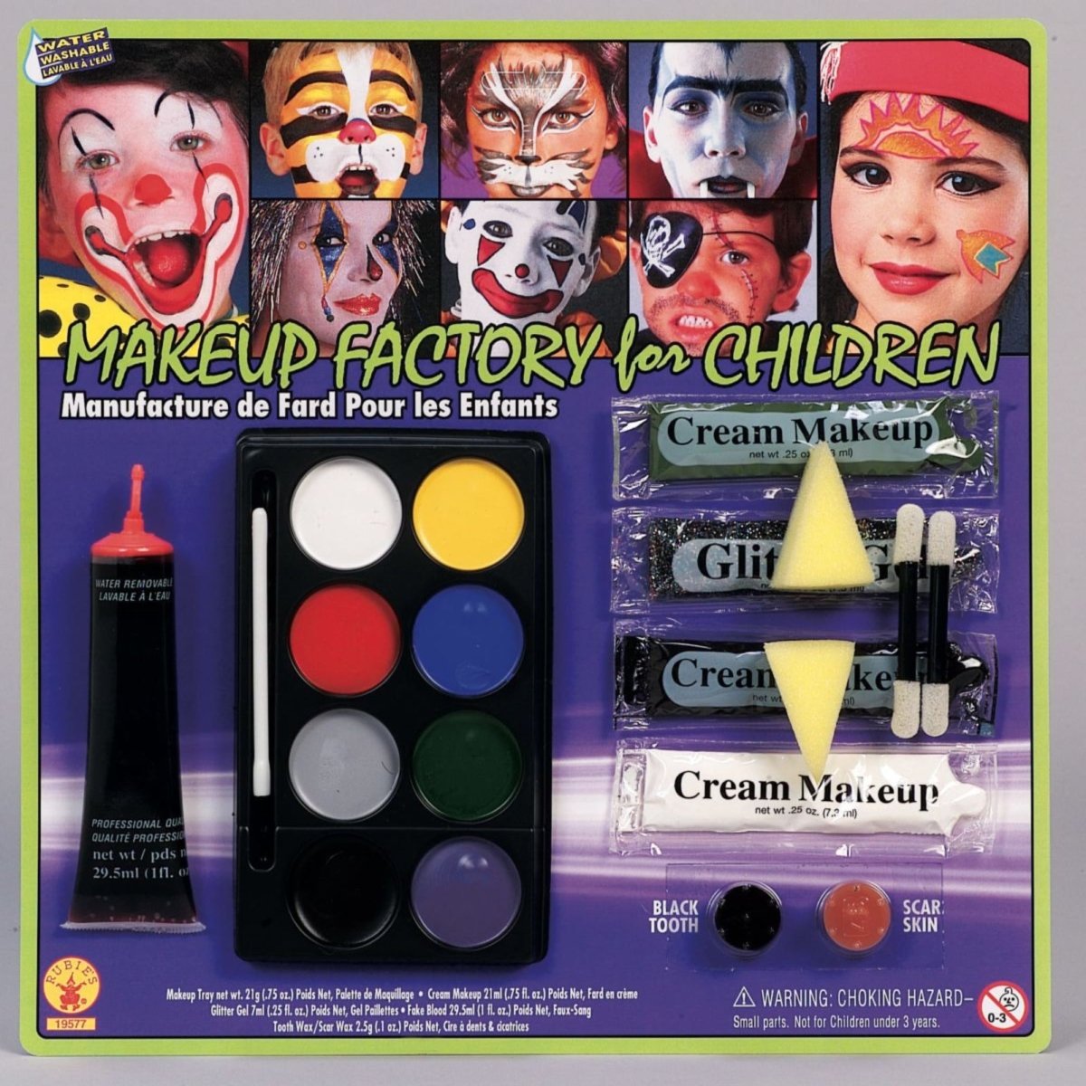 Makeup Factory Kit: 12-piece set with 8-color palette, fake blood, glitter gel, scar/tooth wax, sponges and brush.