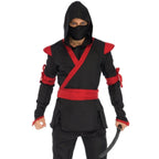 Men's 5 piece ninja costume in black and red with hood, mask, wrapped sleeves, belt, pants, and a curved prop sword.