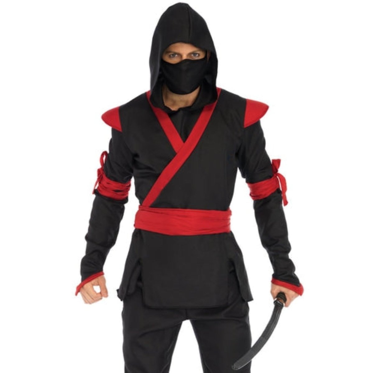 Men's 5 piece ninja costume in black and red with hood, mask, wrapped sleeves, belt, pants, and a curved prop sword.