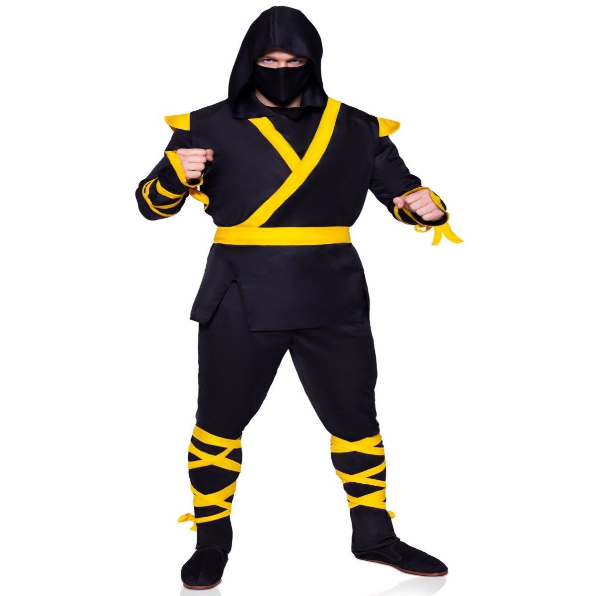 Men's 5 Piece Ninja Costume in black with yellow wraps, hood, and mask.