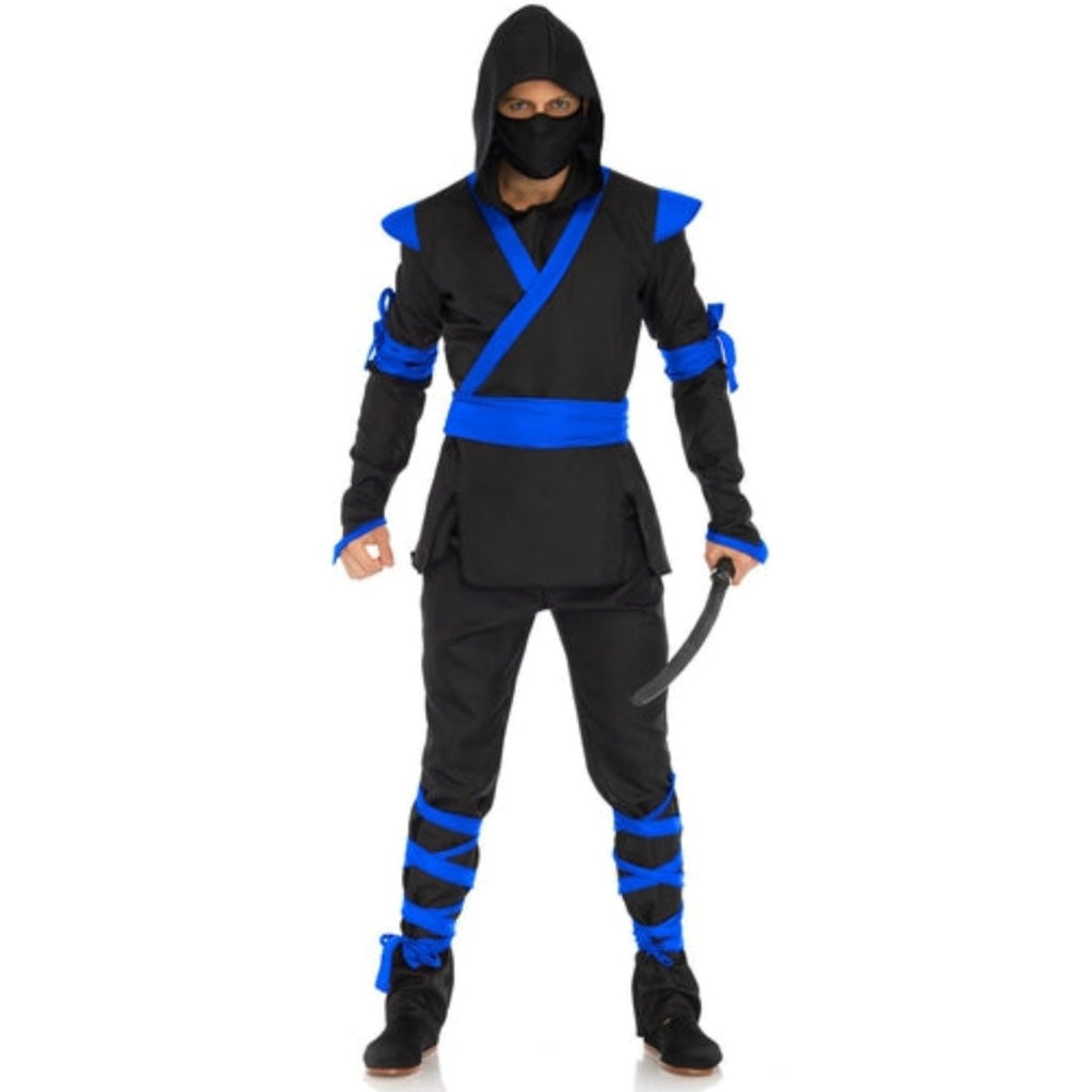 Men's 5 piece ninja costume in black with blue wraps, includes hood, mask, shirt with wraps, pants with wraps and belt.
