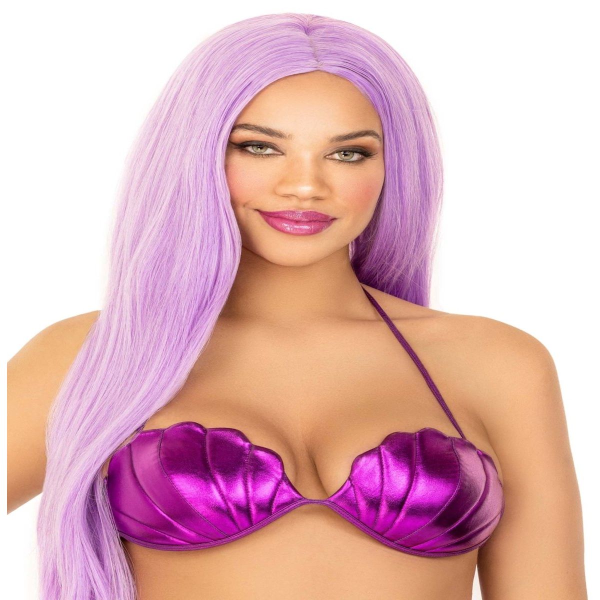 Mermaid seashell bra top in metallic purple with a long lavender wig.