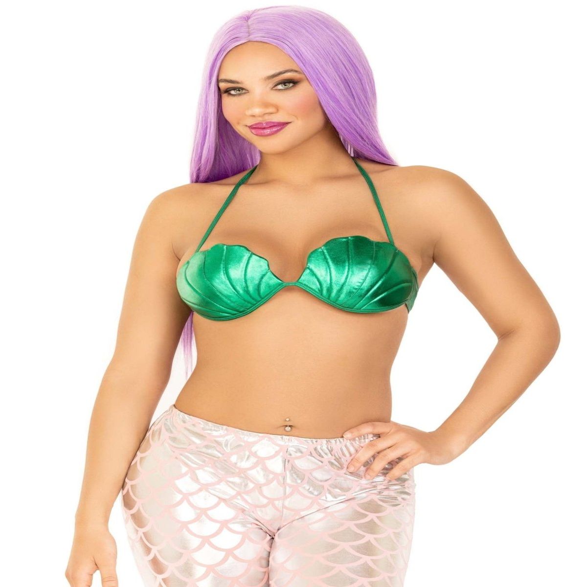 Mermaid Seashell Costume Bra Top with metallic green seashell cups and halter straps.
