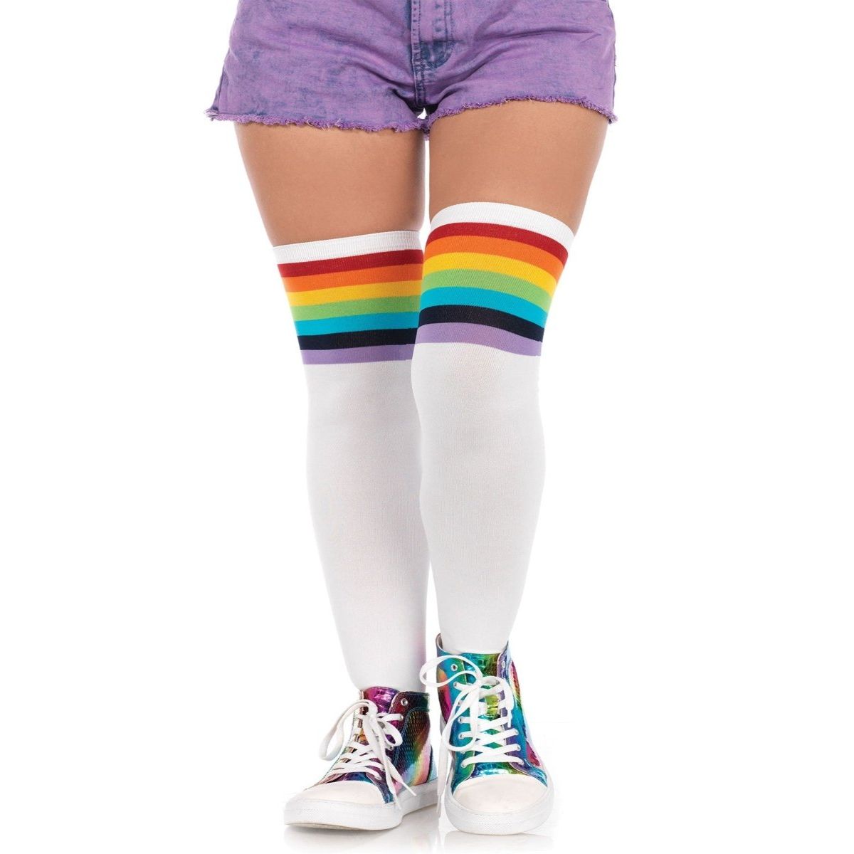 Nia Rainbow Thigh High Stockings with a white base and a top rainbow stripe.
