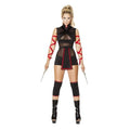 Ninja Striker Costume: black high-neck romper with sheer panels, red trim, waist wrap with flaps, and arm straps.