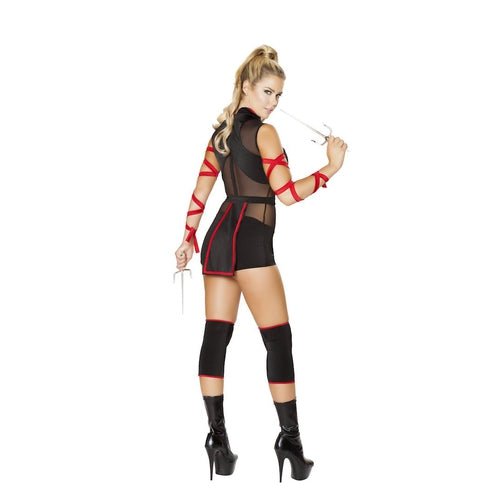 Ninja Striker Costume: black romper with sheer panels, high neck, red waist wrap with flaps, arm straps, leg wraps.