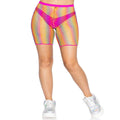 Ombre rainbow fishnet biker shorts with pink trim on model.