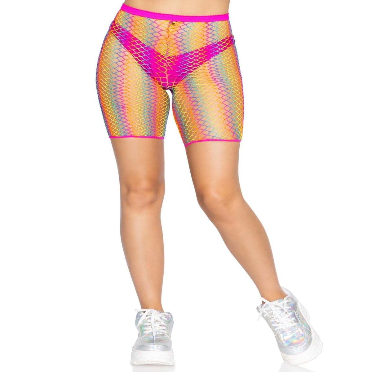 Ombre rainbow fishnet biker shorts with pink trim on model.