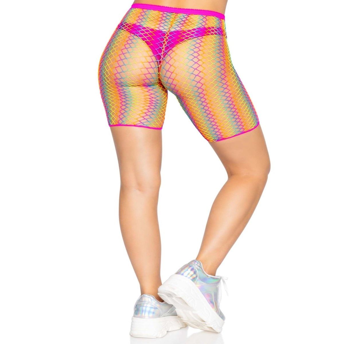 Ombre rainbow woven net biker shorts on model; neon fishnet fabric, rave-ready fit.