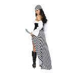 Pirate Lass Costume:black/white striped highslit skirt, rhinestone skullbone waist cincher, crop top, headband, sword.