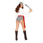 Pirate Scoundrel Costume: striped romper with lace-up detail and attached wrap, red sash, headband, and sword.