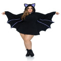 Plus Moonlight Bat Costume: plus-size black fleece dress with bat wings, purple-lined cape, and purple ear hood.