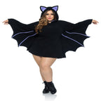 Plus Moonlight Bat Costume: plus-size black fleece dress with bat wings, purple-lined cape, and purple ear hood.