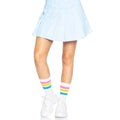 Pride Crew Socks with rainbow stripes worn with a light blue pleated skirt and white sneakers.