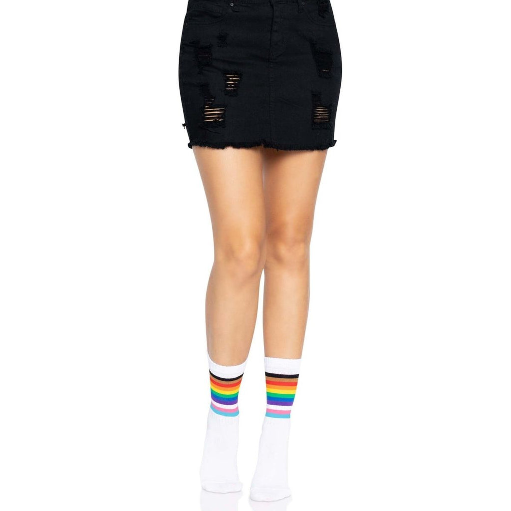 Pride Crew Socks: white crew socks with rainbow stripes near the top.