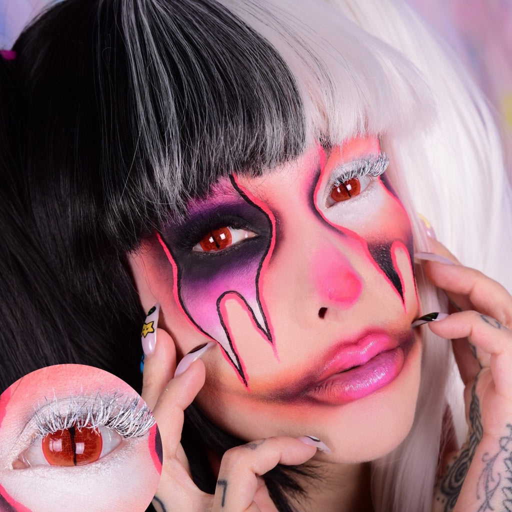 PRIMAL Jurassic II Red Reptile contact lenses with red base, orange veins, mesh pupil and orange-yellow outer ring.