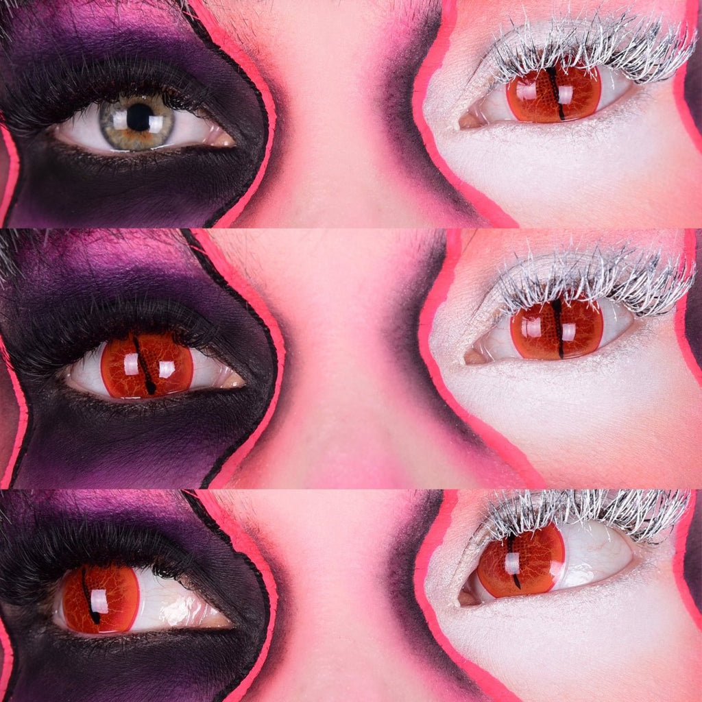 PRIMAL Jurassic II Red Reptile contact lenses with red base, orange veins, mesh pupil and orange-yellow outer ring.