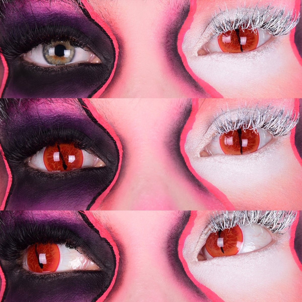 PRIMAL Jurassic II Red Reptile contact lenses with red base, orange veins, mesh pupil and orange-yellow outer ring.