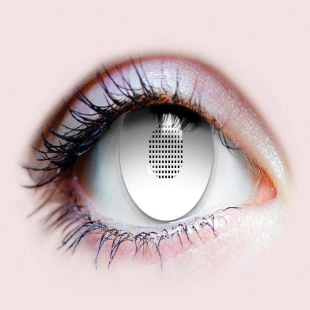 PRIMAL Sub Zero opaque gray contact lens with mesh over the pupil for an icy cryomancer look.