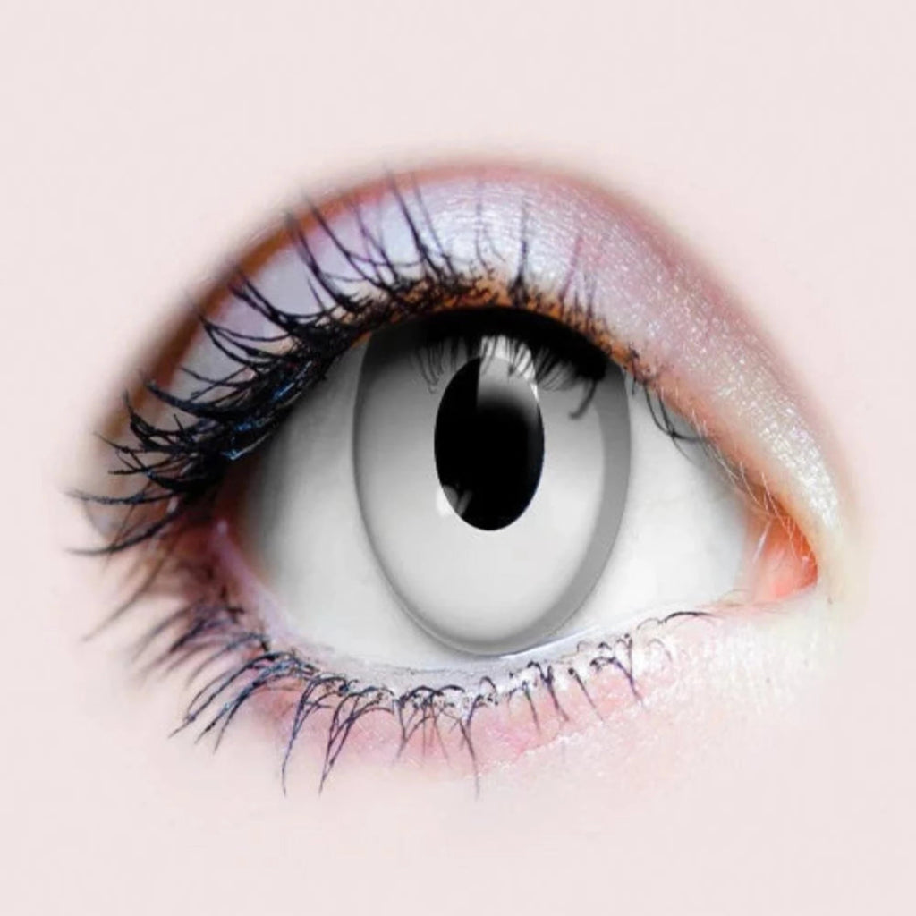 Close-up of an eye wearing PRIMAL Zombie I colored contact lens with a whiteout effect.
