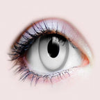 Close-up of an eye wearing PRIMAL Zombie I colored contact lens with a whiteout effect.