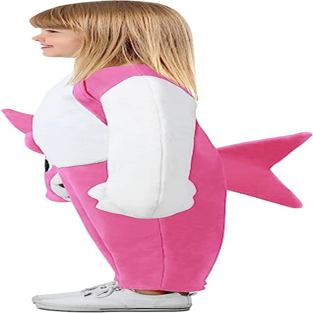 Child wearing Princess Paradise Child's Pink Fong Chompers Chompin' Mommy Shark costume; pink with white belly and fins.