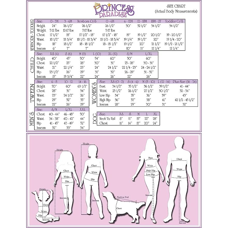 Princess Paradise size chart for Child's Pink Fong Chompin' Mommy Shark Costume.