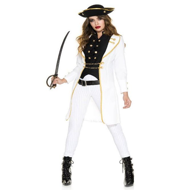 Private Privateer Women Costume, 5pc set white coat with gold trim, gold-button high-neck top, striped pants, hat, belt