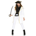 Private Privateer Women Costume, 5pc set white coat with gold trim, gold-button high-neck top, striped pants, hat, belt