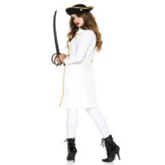 Private Privateer Women Costume: white coat with gold trim, gold-button top, striped pants, hat, belt, sword.