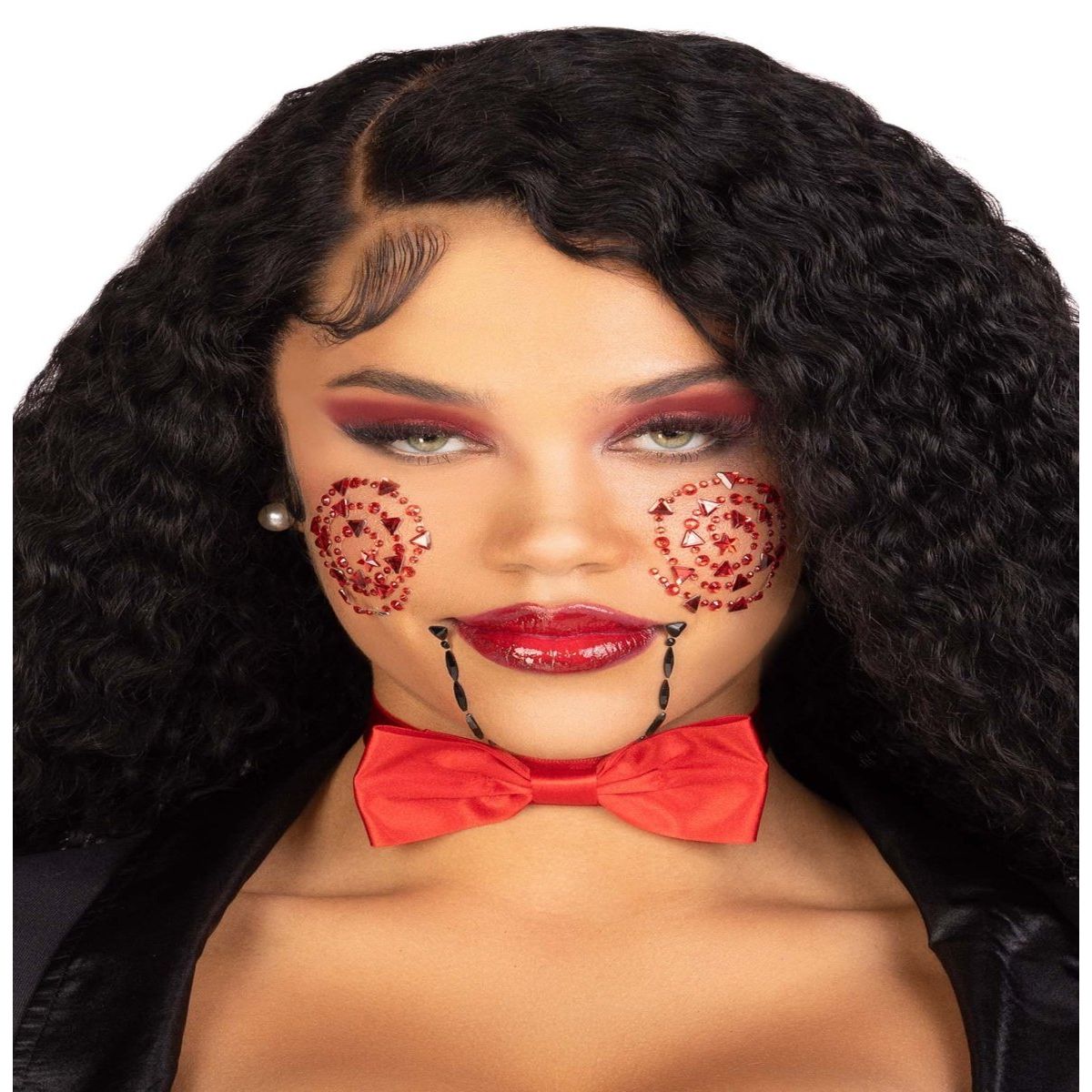 Puppet face jewels stickers with adhesive rhinestones on cheeks for dramatic, skin-safe costume makeup.