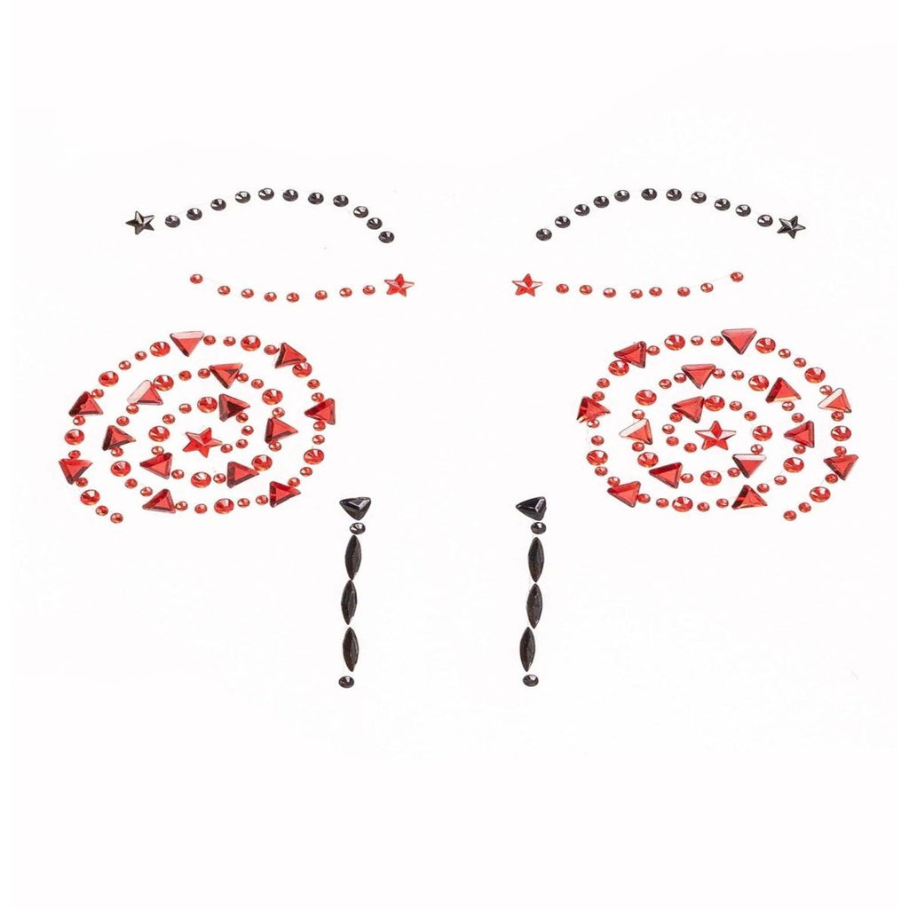 Two puppet-eye designs made from red rhinestones with black brows and dangling lashes.