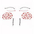 Two puppet-eye designs made from red rhinestones with black brows and dangling lashes.