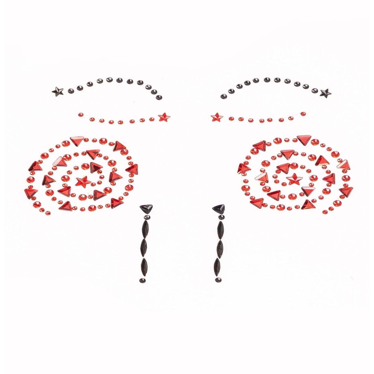 Two puppet-eye designs made from red rhinestones with black brows and dangling lashes.