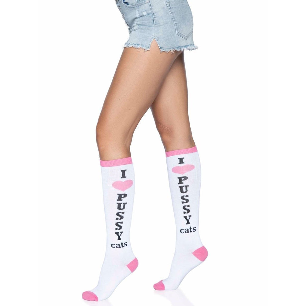 Pussycat Knee High Socks: white knee-highs with pink trim, heart accent, vertical I heart PUSSY cats text
