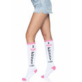 Pussycat Knee High Socks: white knee-highs with pink trim, heart accent, vertical I heart PUSSY cats text