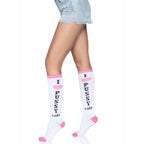 Pussycat Knee High Socks: white knee-highs with pink trim, heart accent, vertical I heart PUSSY cats text