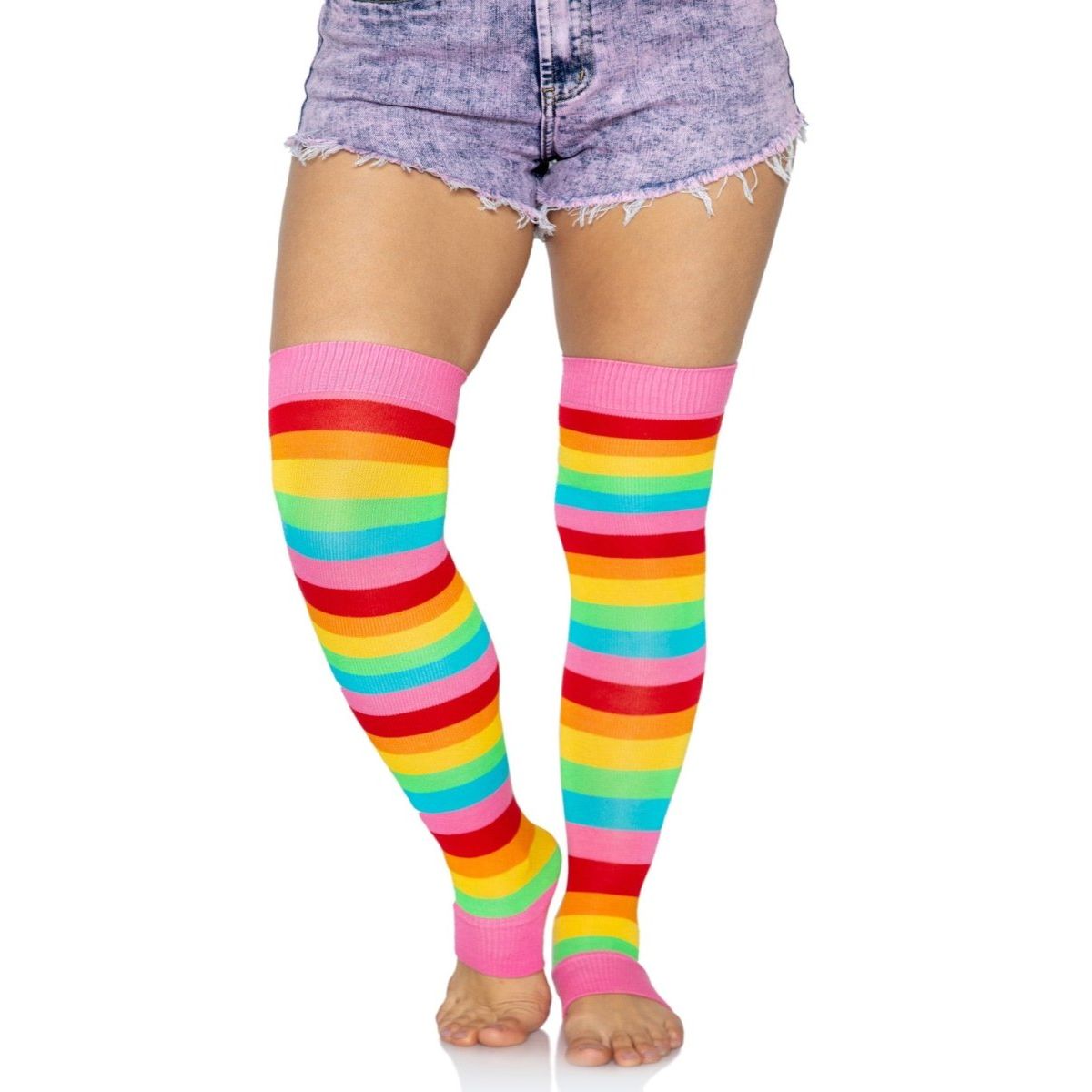 Raya Rainbow Leg Warmers: pink cuffs, rainbow stripes, soft stretchy knee-high fabric.