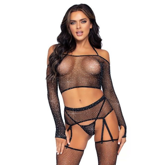 Rhinestone Fishnet Crop Top Garter Set - worldclasscostumes