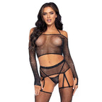 Rhinestone Fishnet Crop Top Garter Set - worldclasscostumes