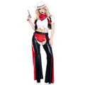 Ride' em Cowgirl Women Costume: white tied crop top, black fringe vest, red pocket accents, red booty shorts