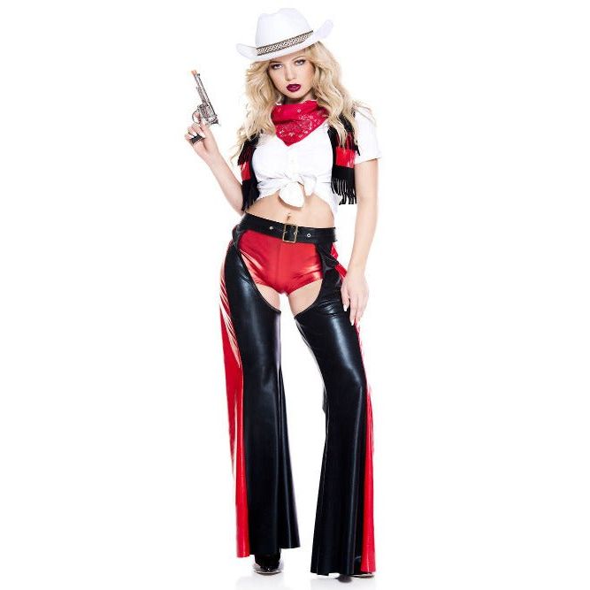 Ride' em Cowgirl Women Costume: white tied crop top, black fringe vest, red pocket accents, red booty shorts