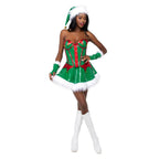 Roma Costume 2 Piece Santa Elf: green vinyl corset with red trim, jingle bells, and matching white faux fur skirt.