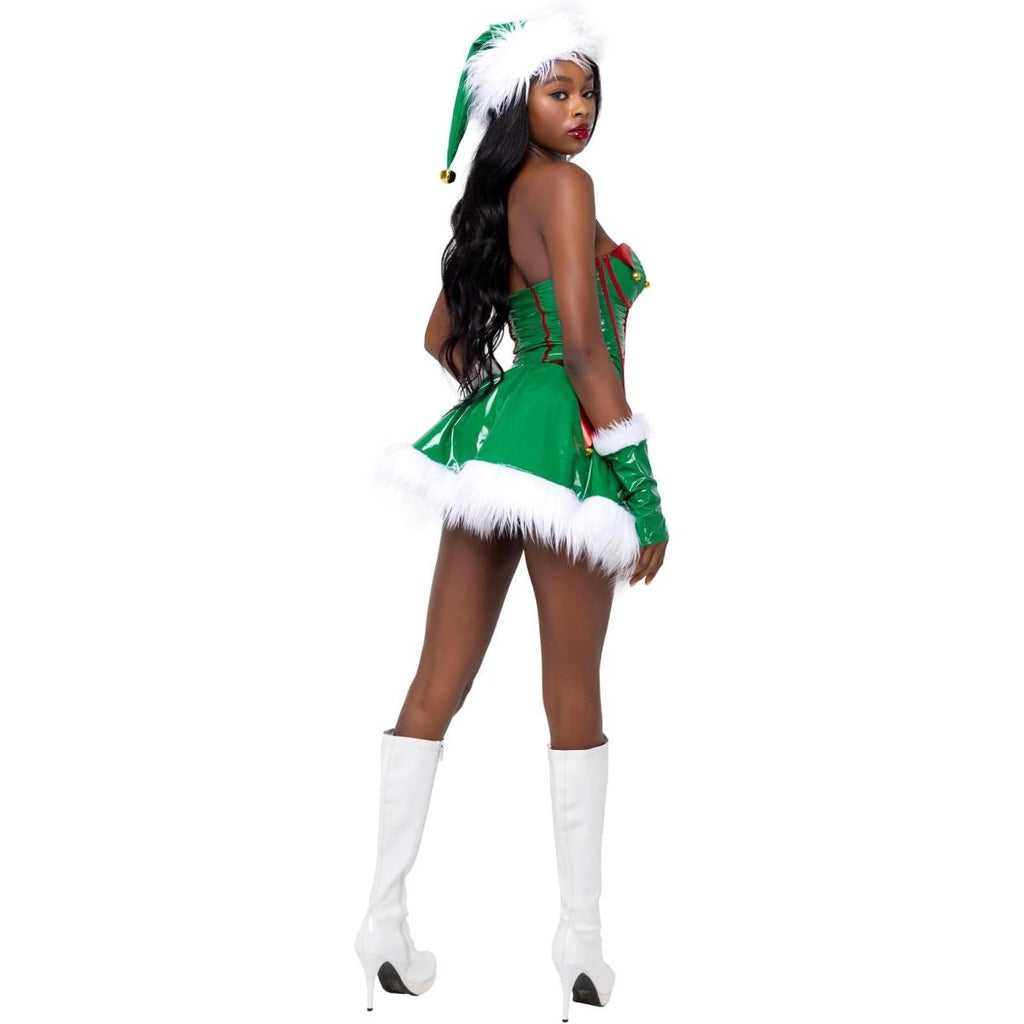Roma Costume 2 Piece Santa's Elf green vinyl corset with red trim and jingle bells, matching skirt white faux fur trim.