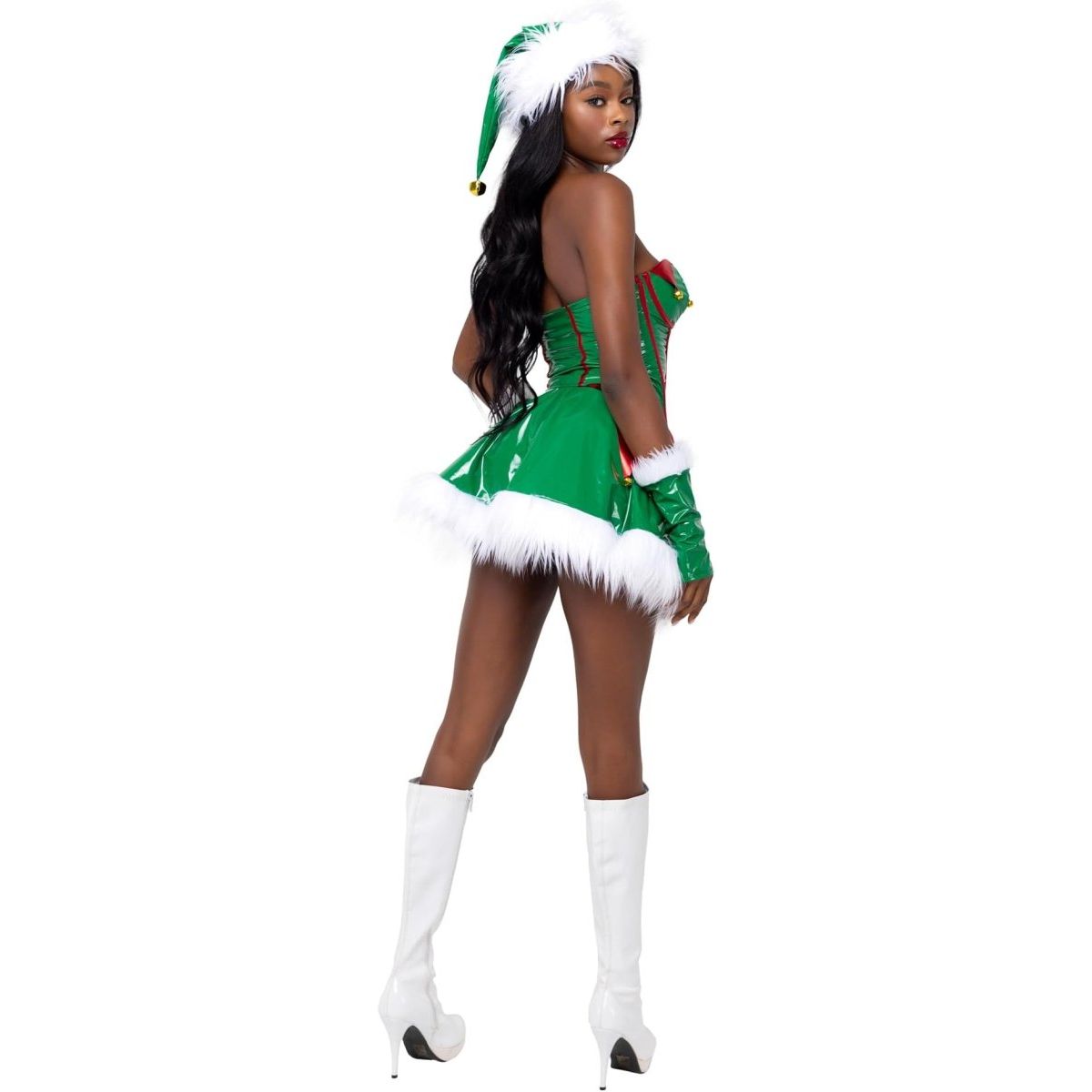 Roma Costume 2 Piece Santa's Elf green vinyl corset with red trim and jingle bells, matching skirt white faux fur trim.