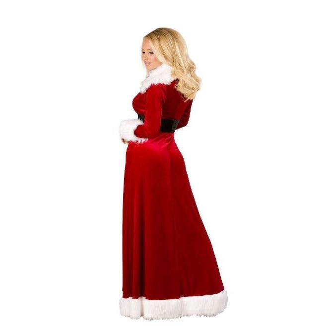 Roma Miss Claus red velvet dress with white faux fur trim and black belt at the waist